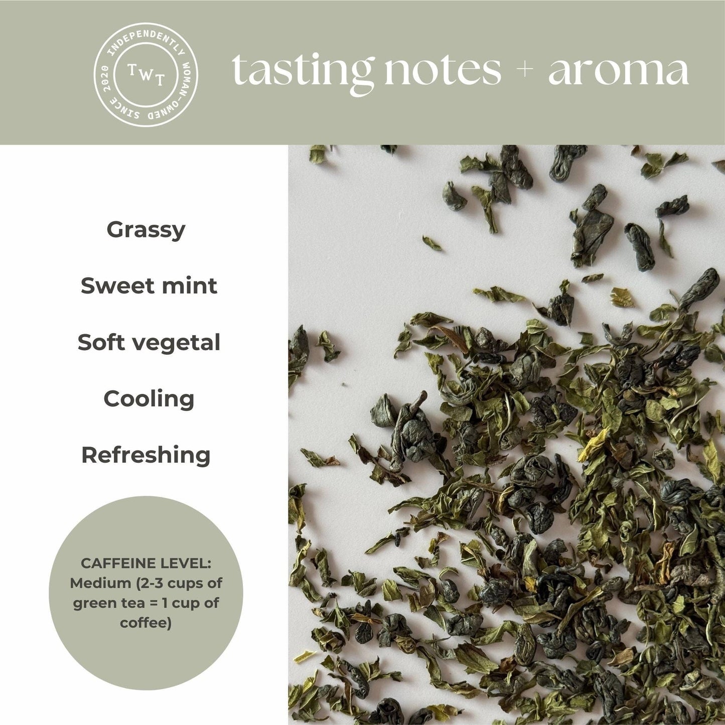 Tea leaves with tasting notes and aroma description on a light background