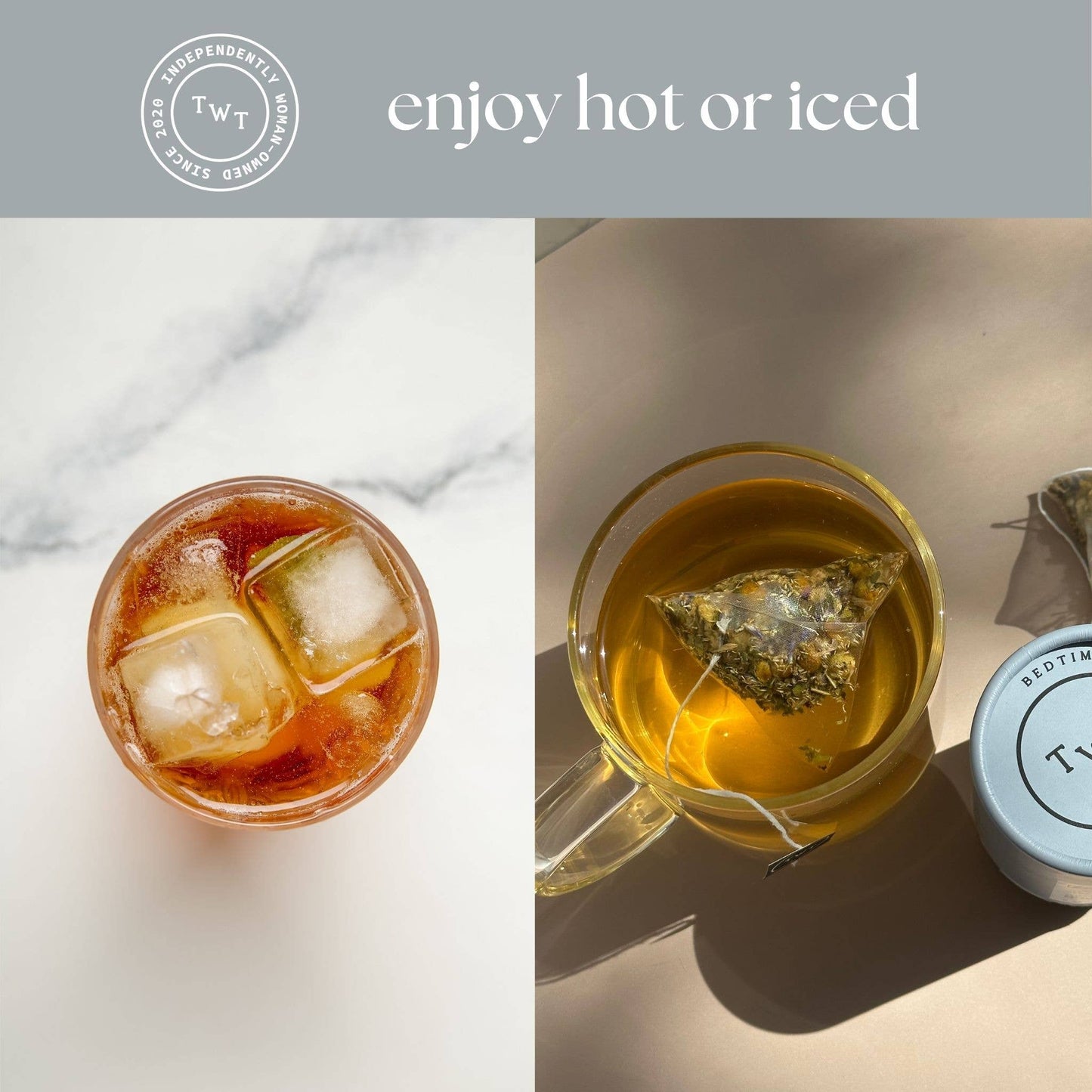 Two images of tea: one with iced tea and ice cubes, the other with a teabag in a glass mug.