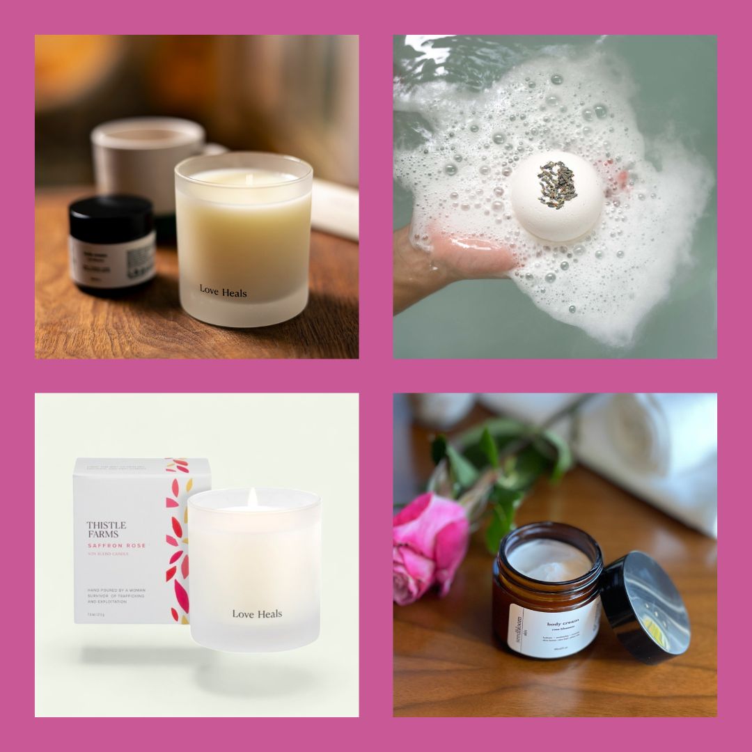 Products from the February monthly self-care box, special for Valentine's Day Gifting