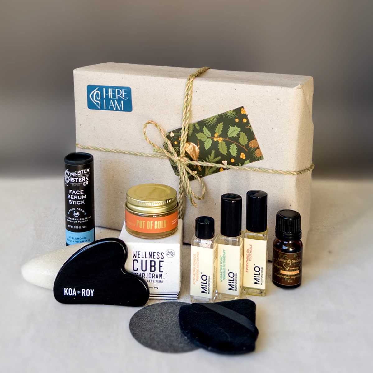 Collection of skincare and wellness products from the travel skin care kit including wellness cube, face serum stick, and MILO travel set in front of a wrapped gift box.