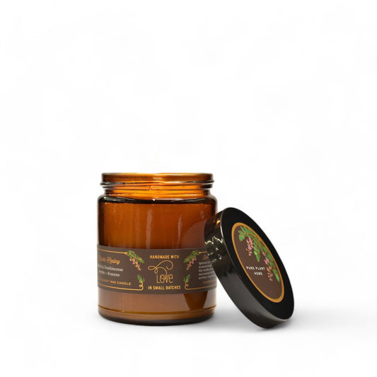 Pure Plant Home Myrrh Frankincense Oil Candle in a brown apothecary jar