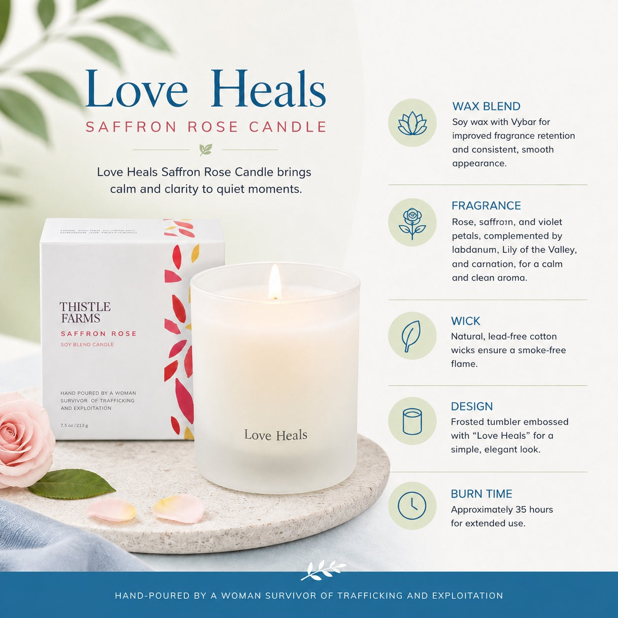 Saffron Rose candle with packaging and product details on a white background