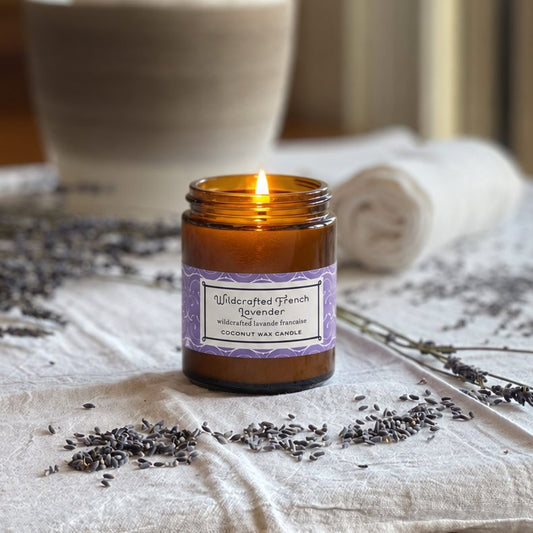 French Lavender Aromatherapy Candle on white cloth with fresh lavender sprigs