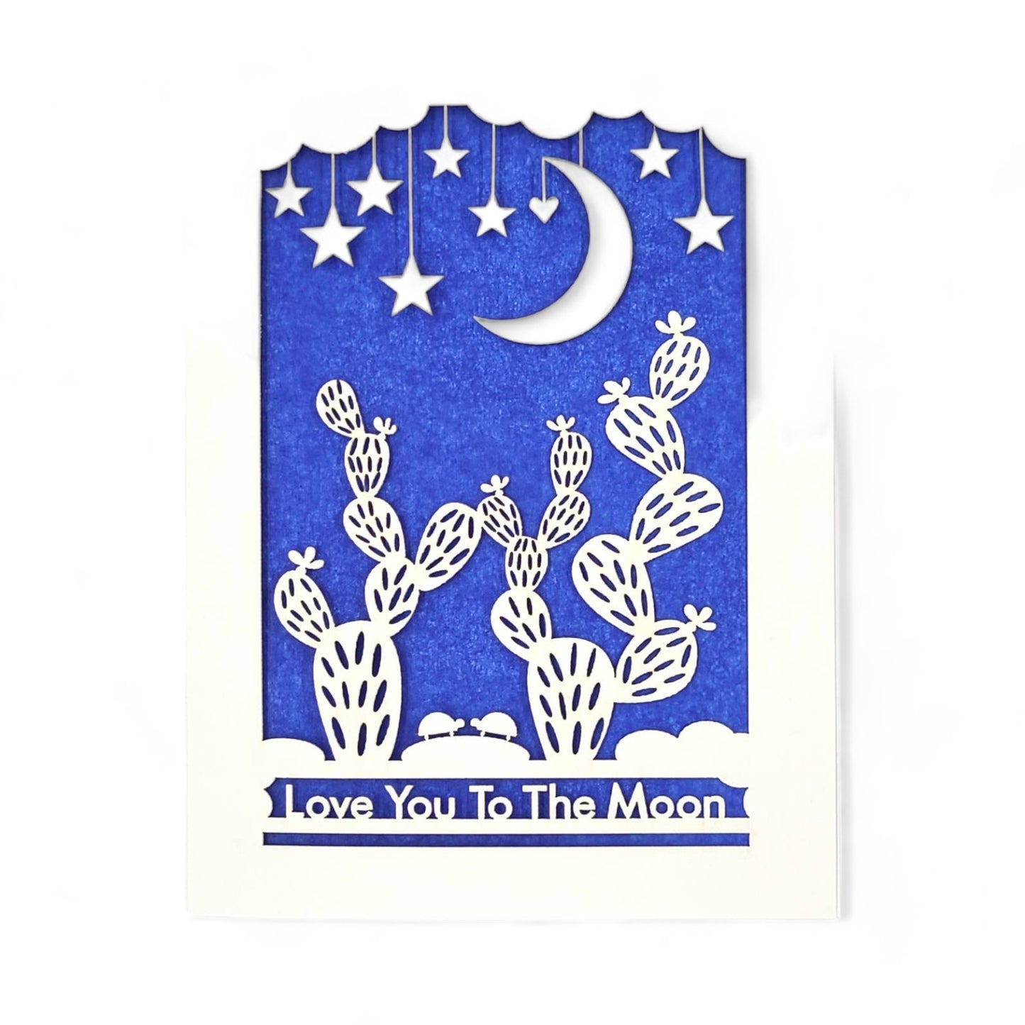 Front view of a blue and white gift card that says "Love You To The Moon"