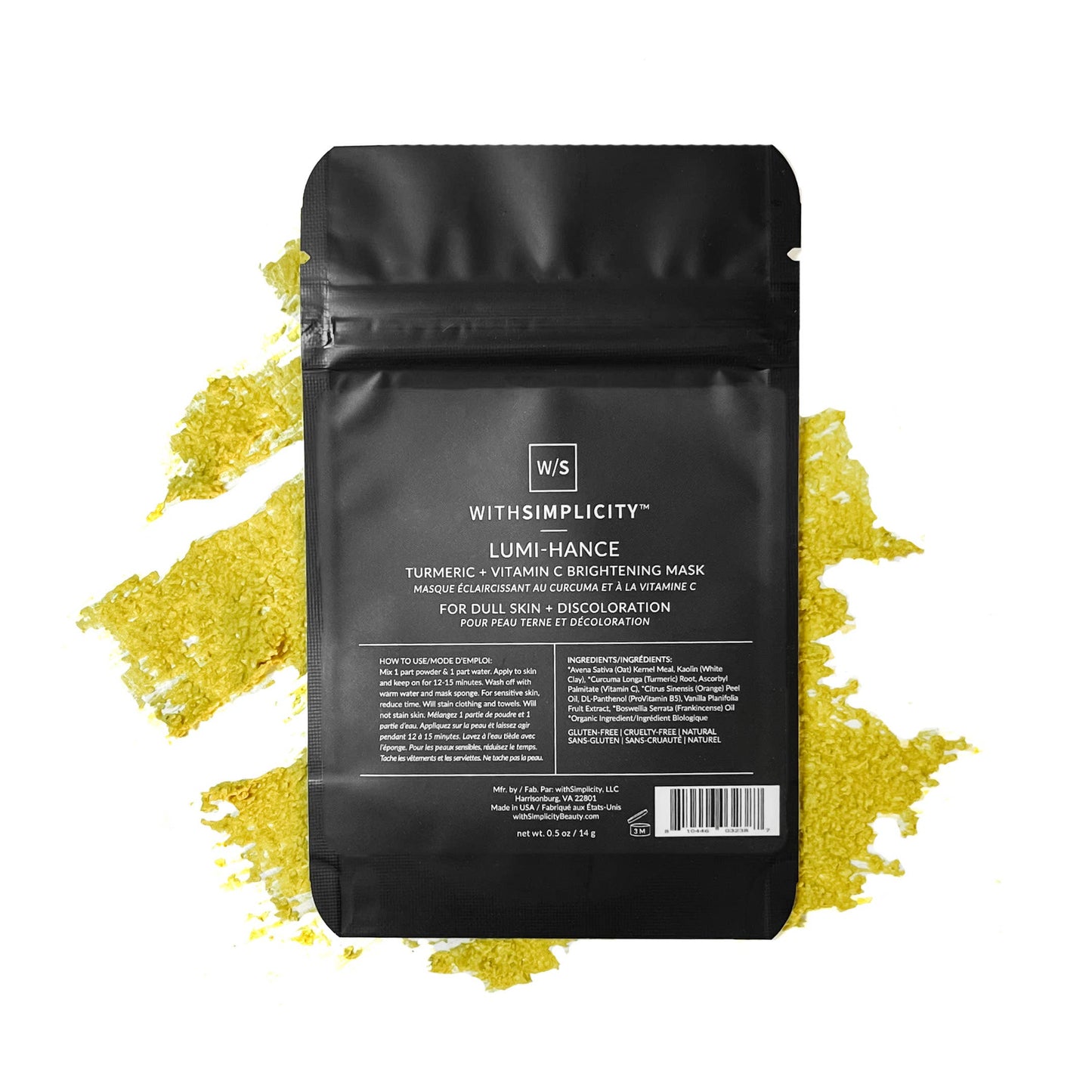 withSimplicity's Lumi-hance Turmeric & Vitamin C Brightening Mask product in a black resealable bag.