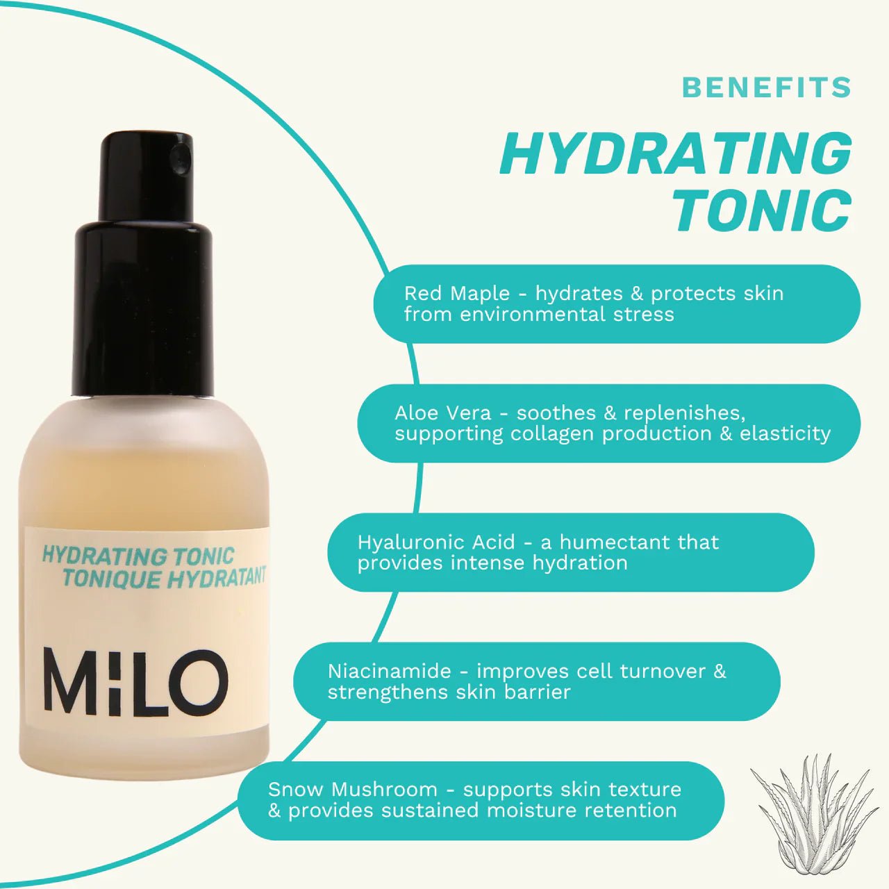 Infographic with the benefits of the Hydrating Tonic from MILO Multifunctional