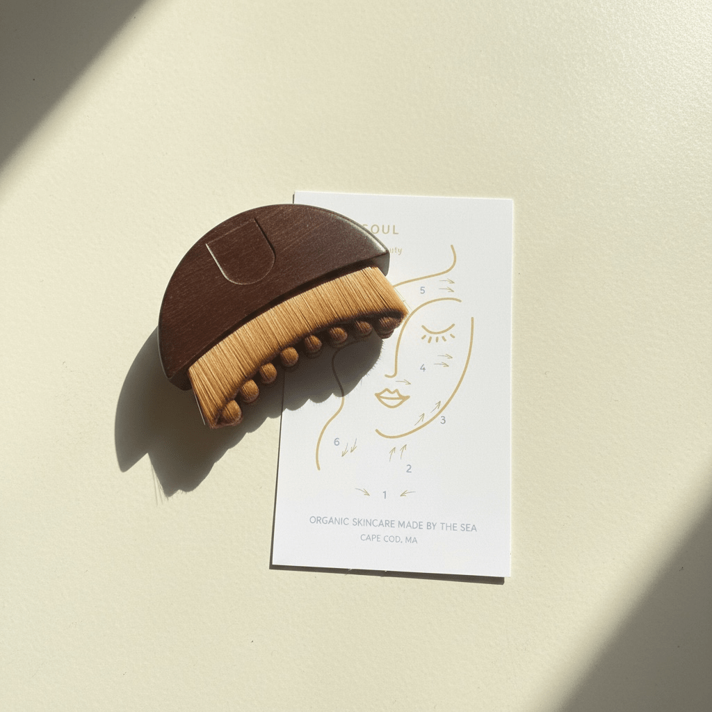 Gua sha brush with card for instructions on how to use it