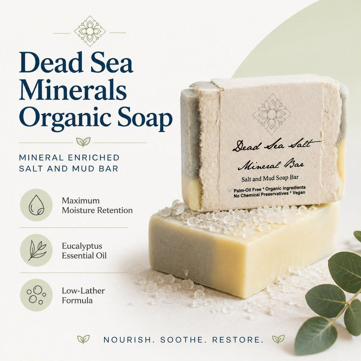 Dead Sea Salt Mineral Bar with salt and eucalyptus leaves with product details