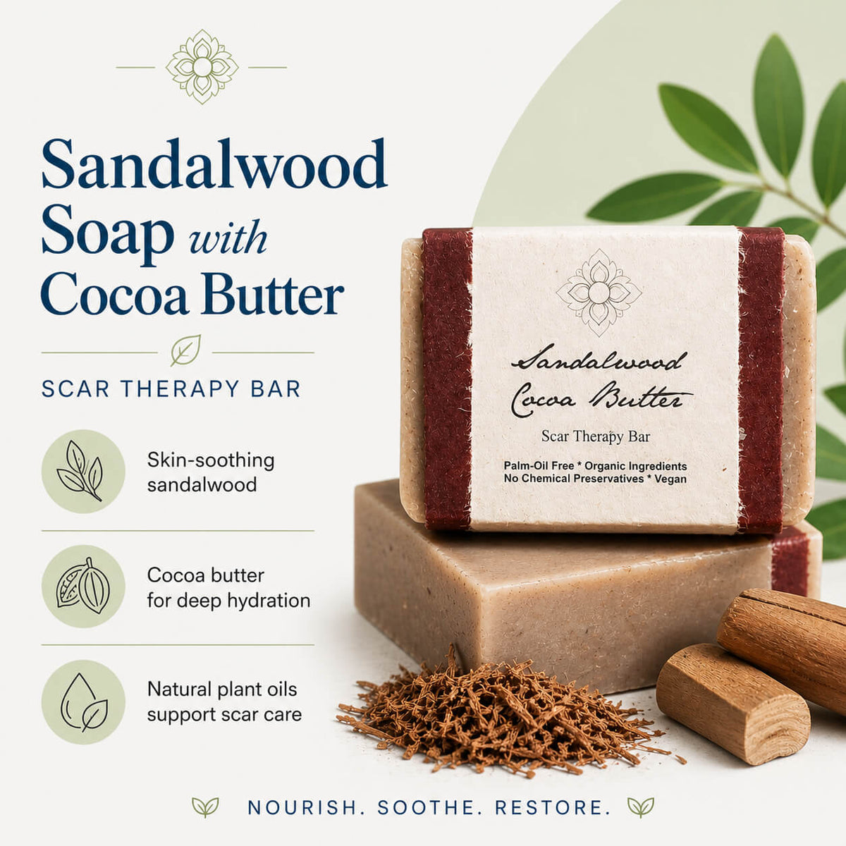 Bar of Sandalwood Cocoa butter soap with product description on white