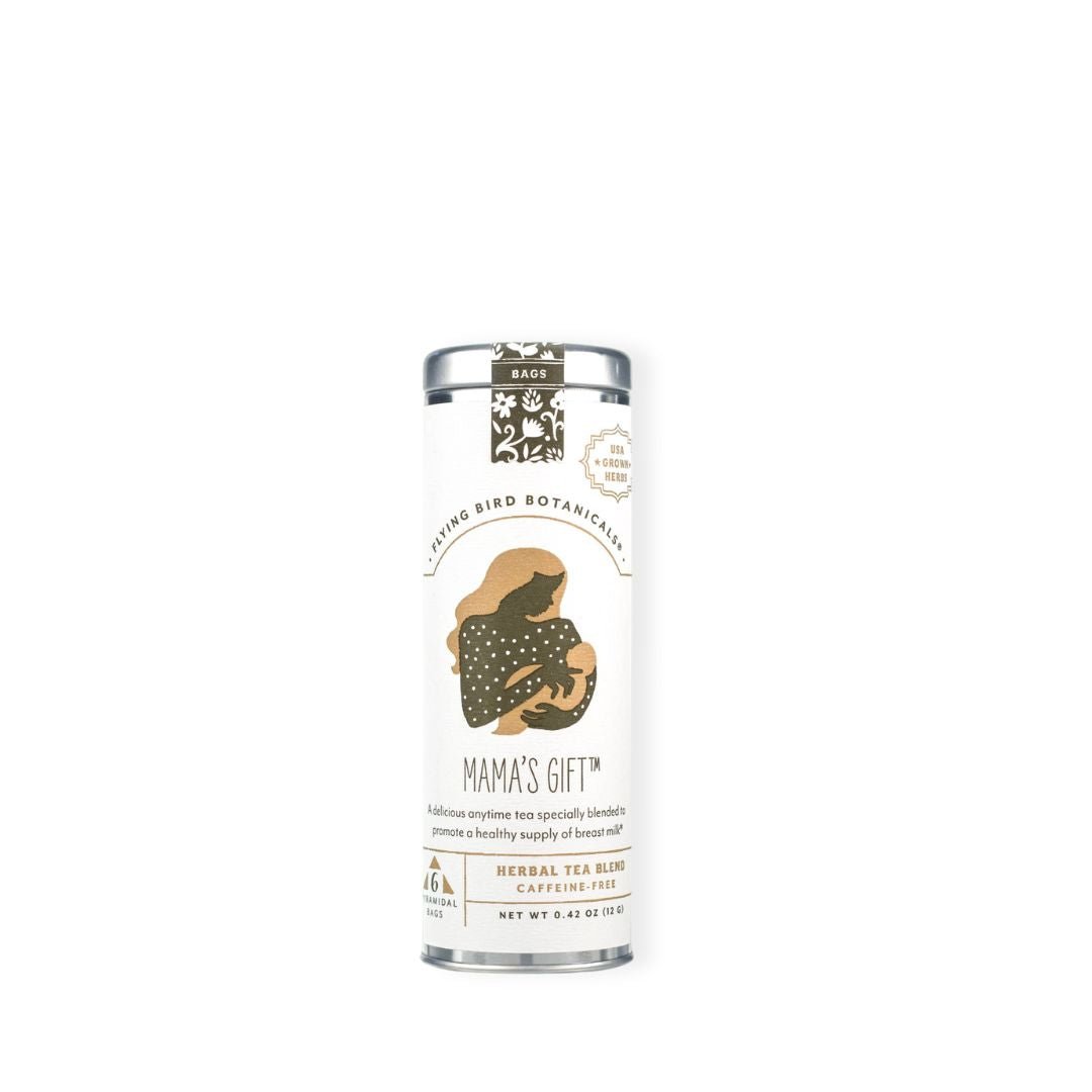 A tall, slim canister of postpartum self-care tea from Flying Bird Botanicals, featuring a cream-colored label with a brown illustration of a mother and child, on a solid white background.