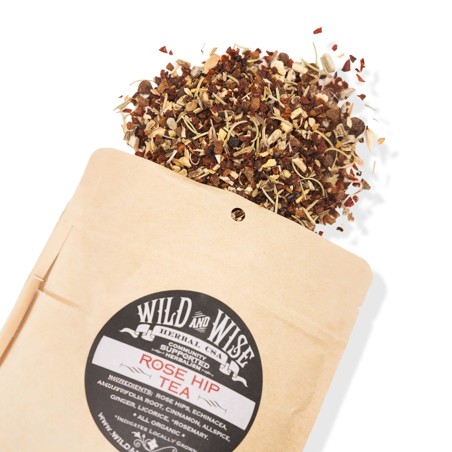 Packet of loose leaf rosehip tea for boosting immunity and stress relief