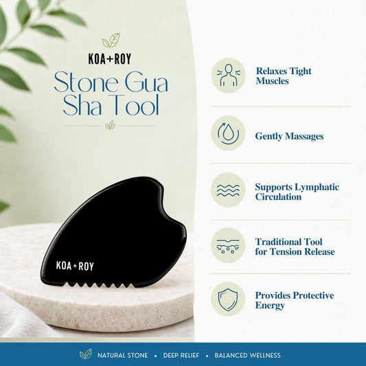 Koa+Roy Stone Gua Sha Tool with product details on a white background