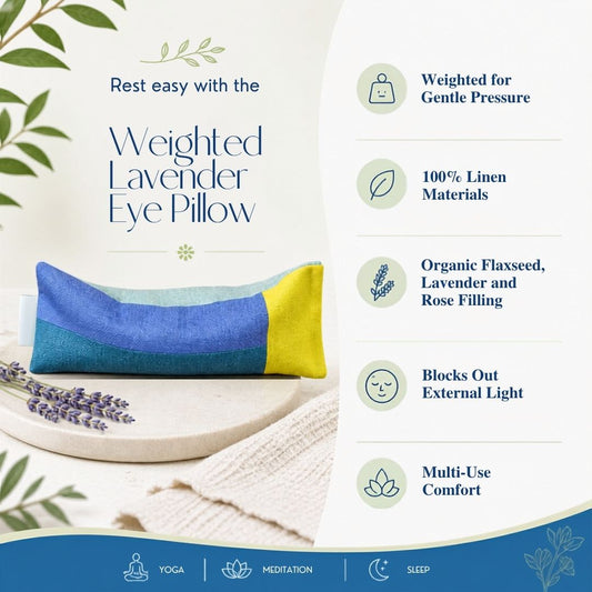 Weighted lavender eye pillow with product details on a white background