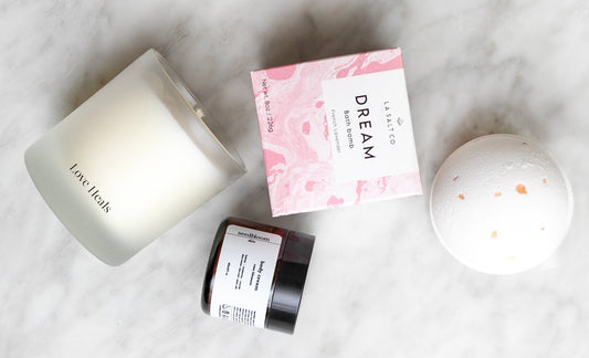 Valentine's Day Care Package items on a marble counter