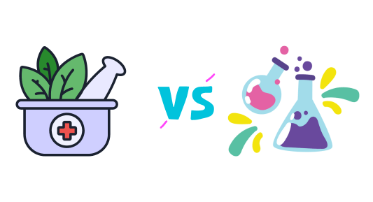 Graphic with plants in a morter next to chemicals in test tubes