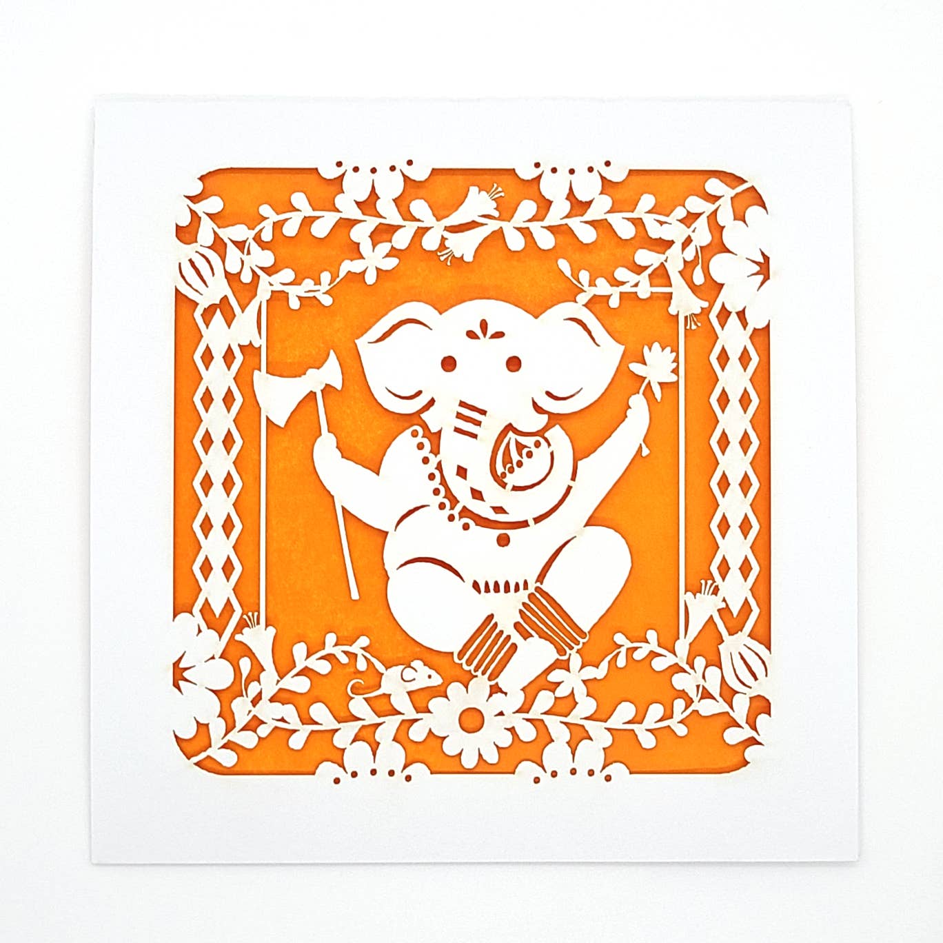 A blank card with an image of Ganesha on an orange background