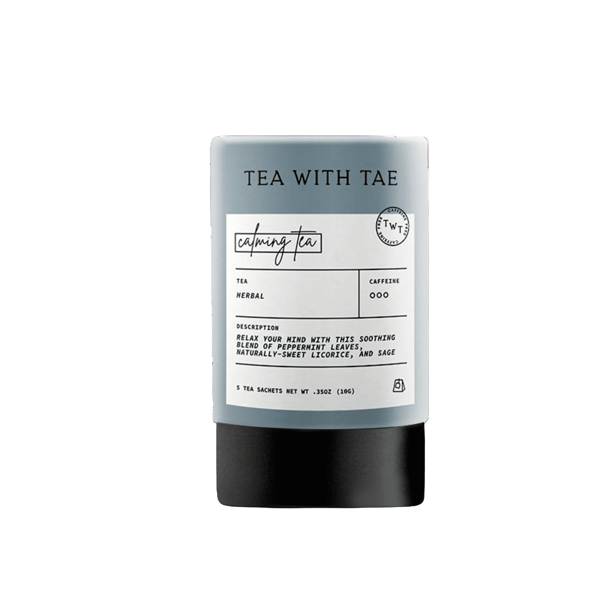 Mini tube of Calming Tea from Tea with Tae on a white background