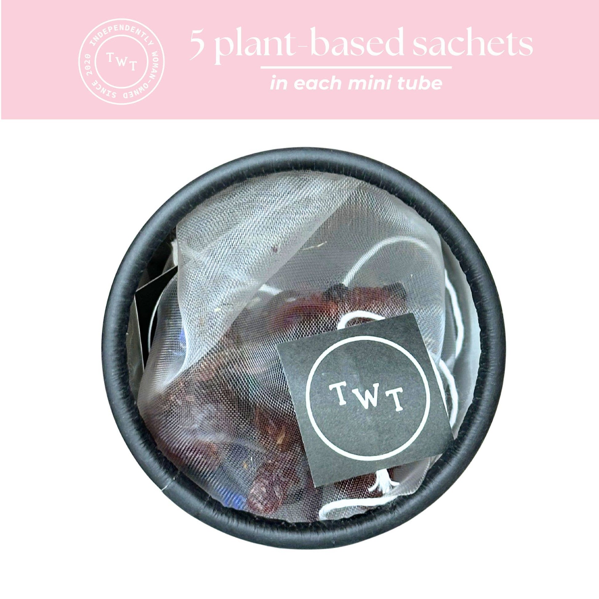 Black mesh bag with plant-based sachets and TWT label on a white background