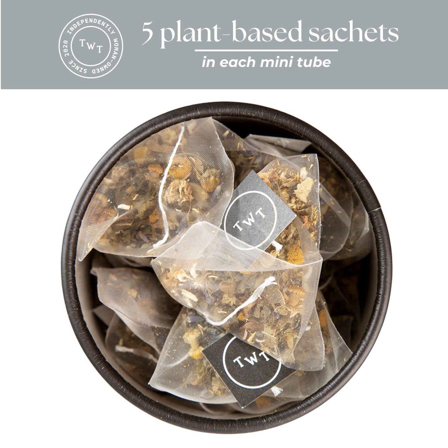 Tea bags in a mini tube with TWT branding on a white background
