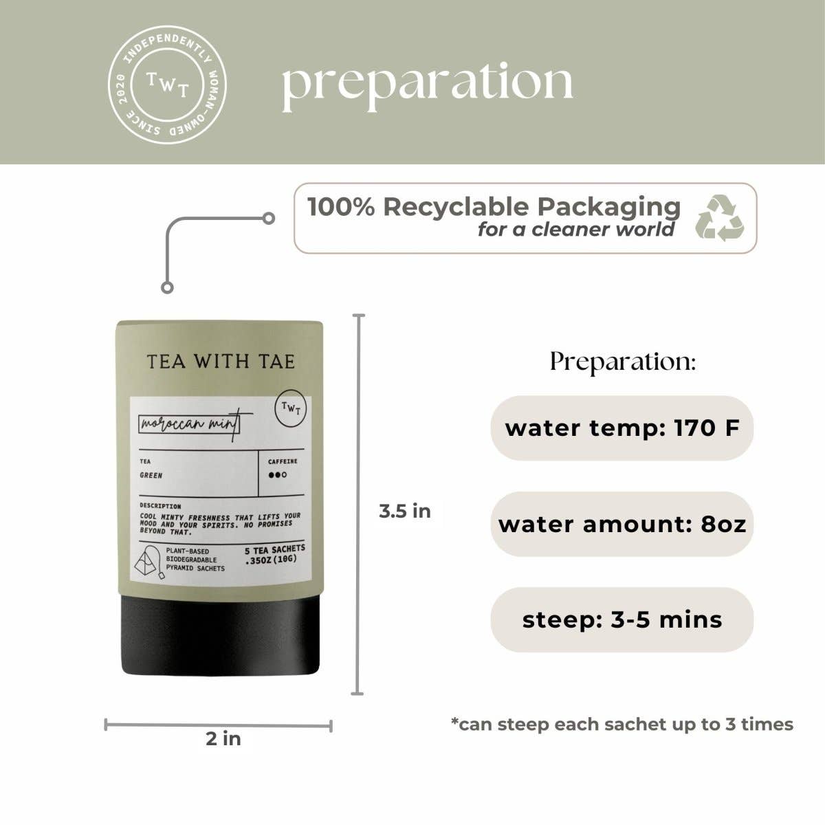Tea package with preparation instructions and recyclable packaging label on a white background