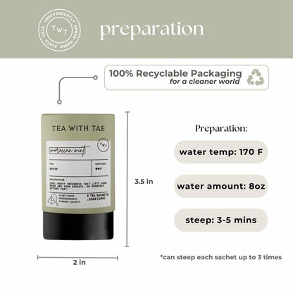 Tea package with preparation instructions and recyclable packaging label on a white background