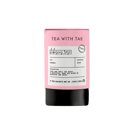 Hibiscus Rose Herbal Tea in Pink packaging from Tea with Tae on a white background