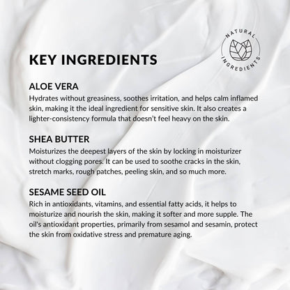 List of key ingredients, including Aloe Vera, Shea butter, and Sesame seed oil