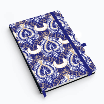Notebook with a blue and white paisley pattern on a white background