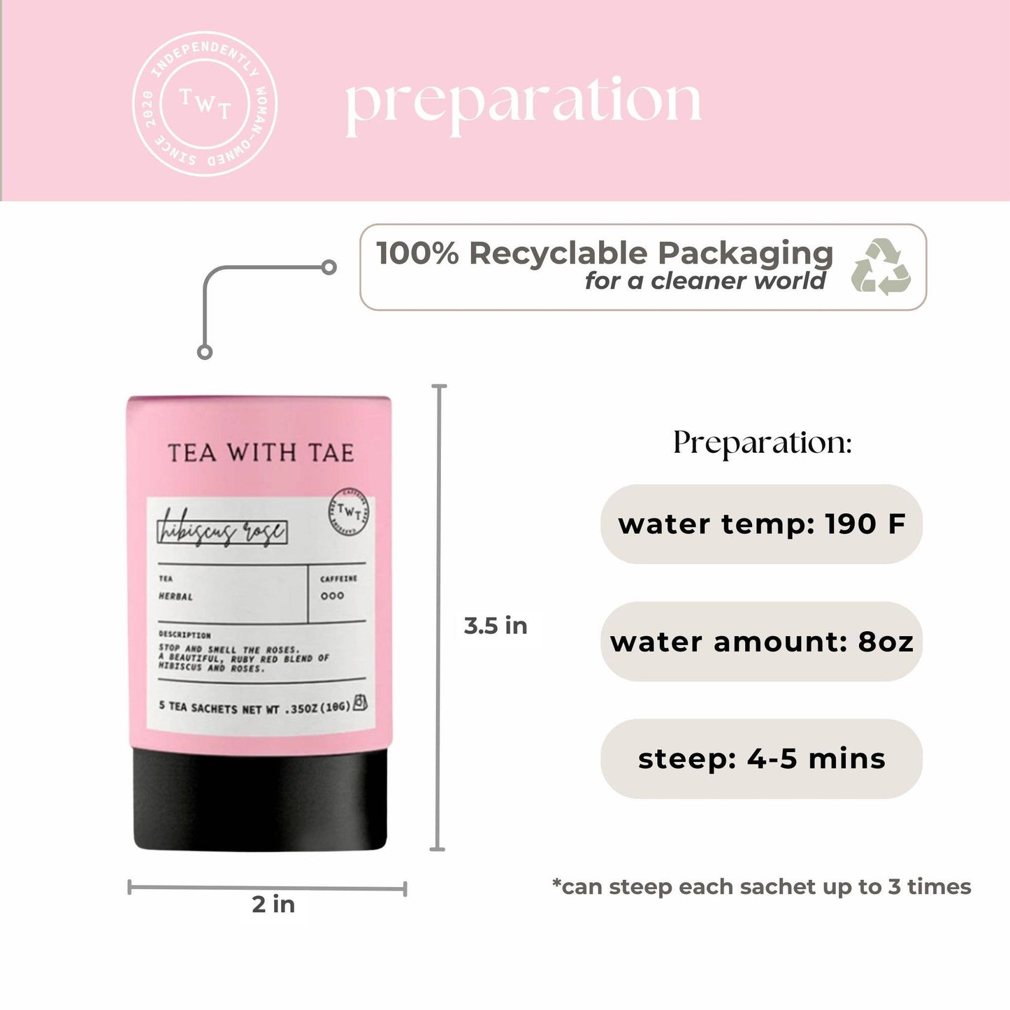 Tea package with preparation instructions and recyclable packaging information on a pink background