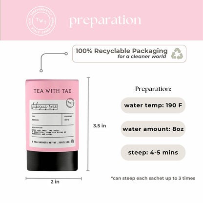 Tea package with preparation instructions and recyclable packaging information on a pink background