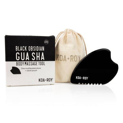 Large Gua Sha tool for body massage in black obsidian stone with zero waste packaging and canvas bag