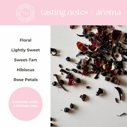 Tea leaves with tasting notes and aroma description on a pink background