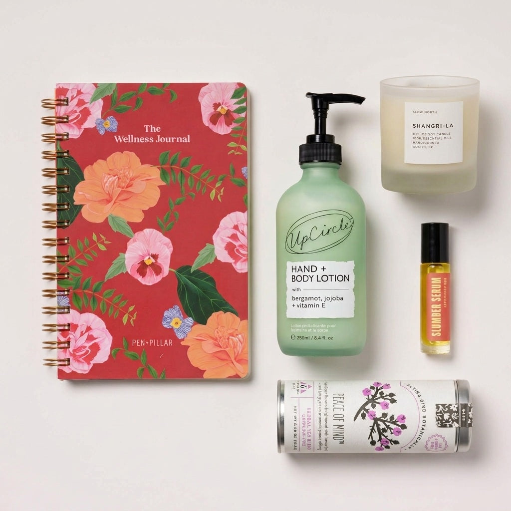 Products from the stress relief box Calm including a guided journal, hand & body lotion, an essential oil candle, roll-on aromatherapy, and a tin of herbal tea on a white background.