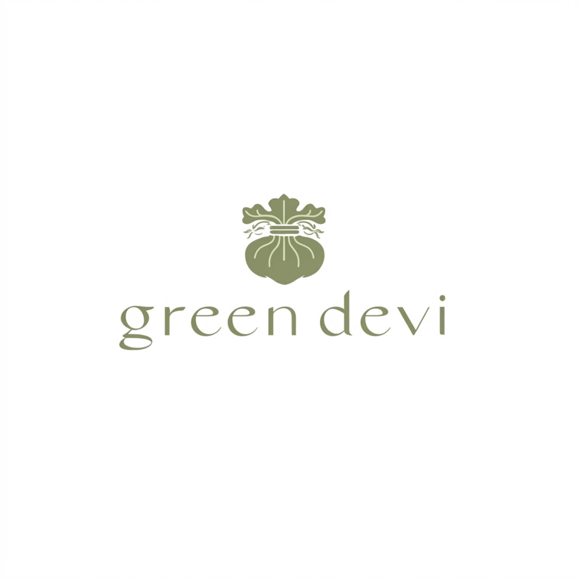 Green Devi logo featuring a stylized green onion bulb icon above the brand name in a muted sage green serif font on a solid white background.