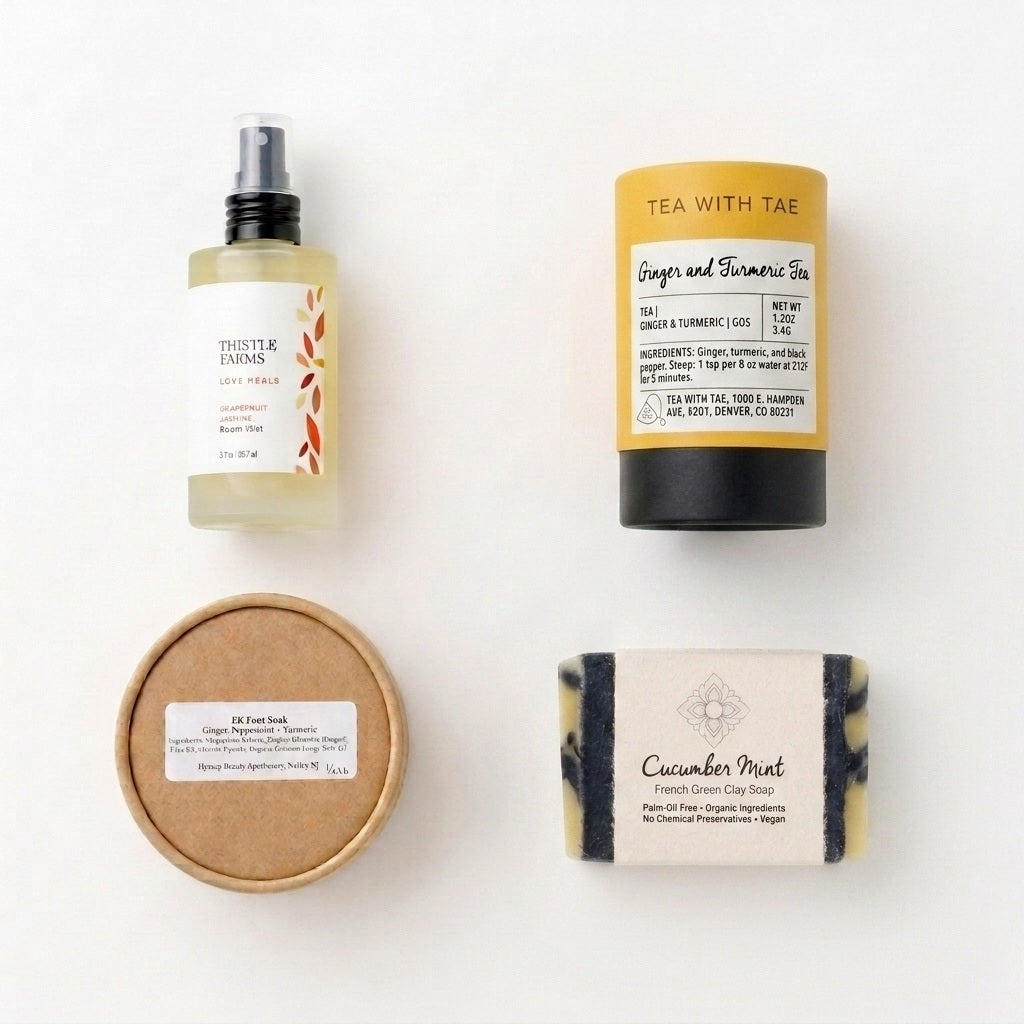 Four natural skincare and body care products arranged on a white background: a room spray bottle labeled Thistle Farms, herbal tea in a yellow-and-black tube, a round kraft-paper tub with magnesium soak for feet, and a rectangular bar of soap labeled Cucumber Mint.
