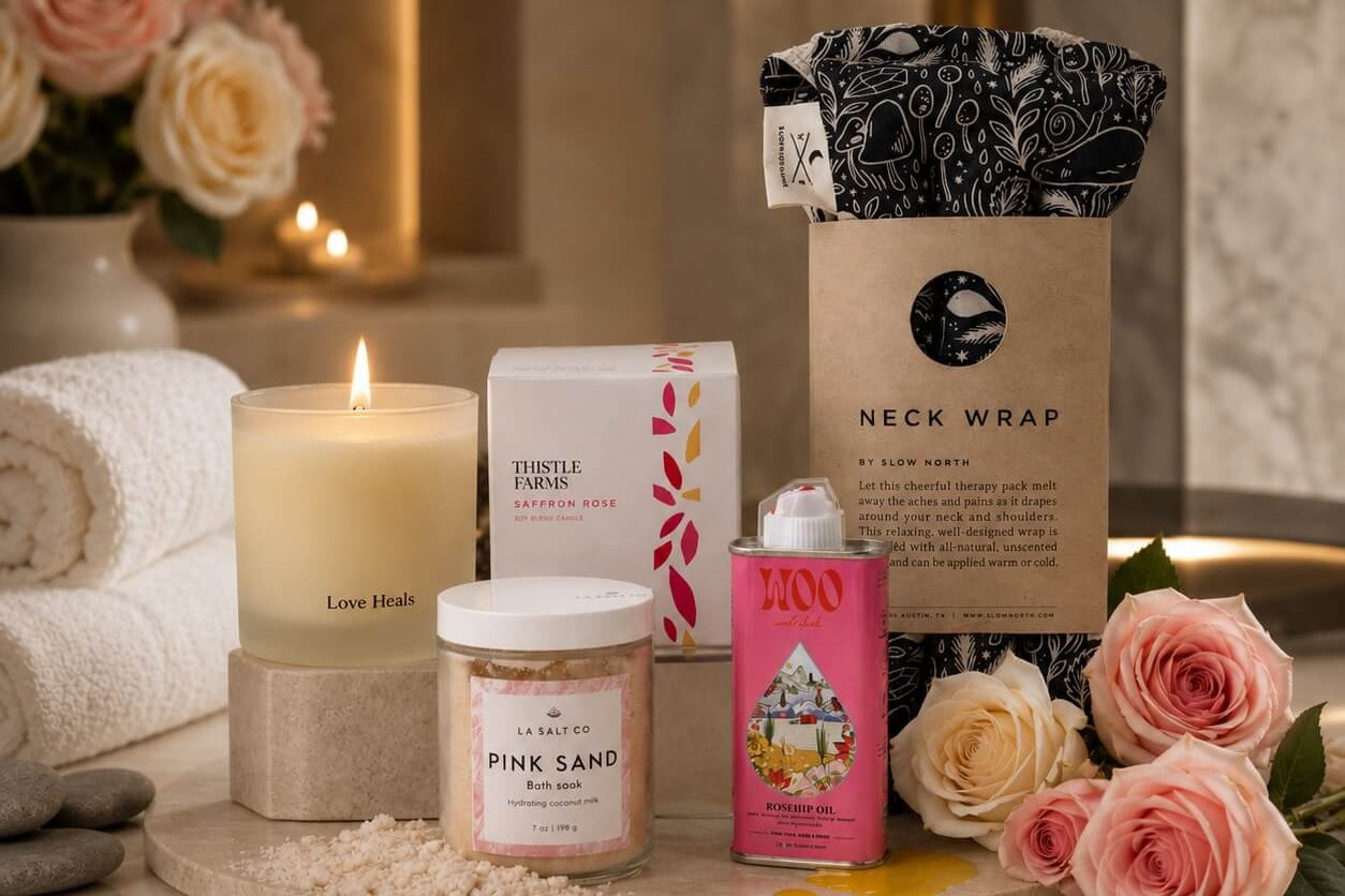 Pamper gift set with candles, bath salts, rosehip oil, and a neck wrap on a marble surface with flowers.