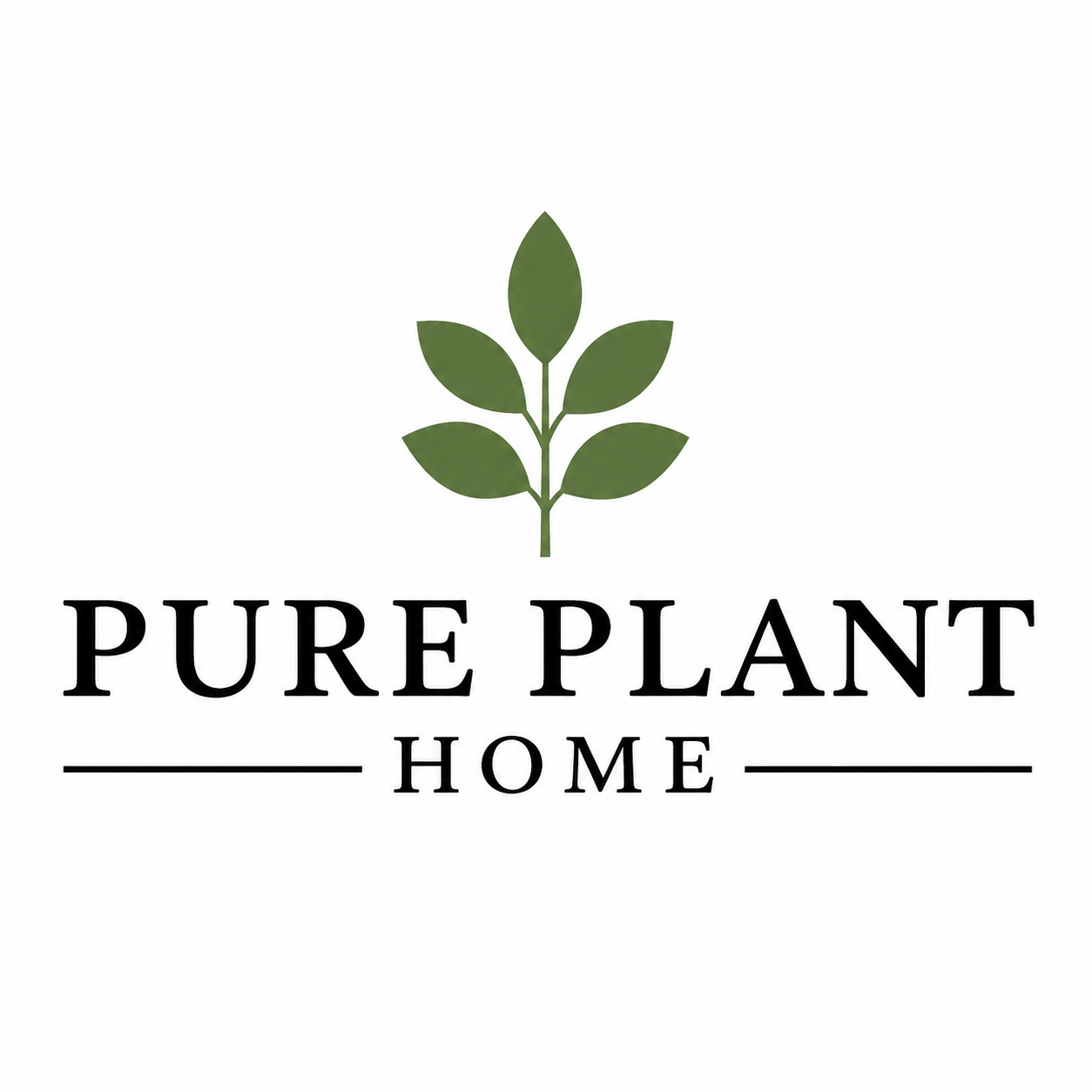 The Pure Plant Home logo with a centered green leaf above the brand name in black serif text on a plain white background.