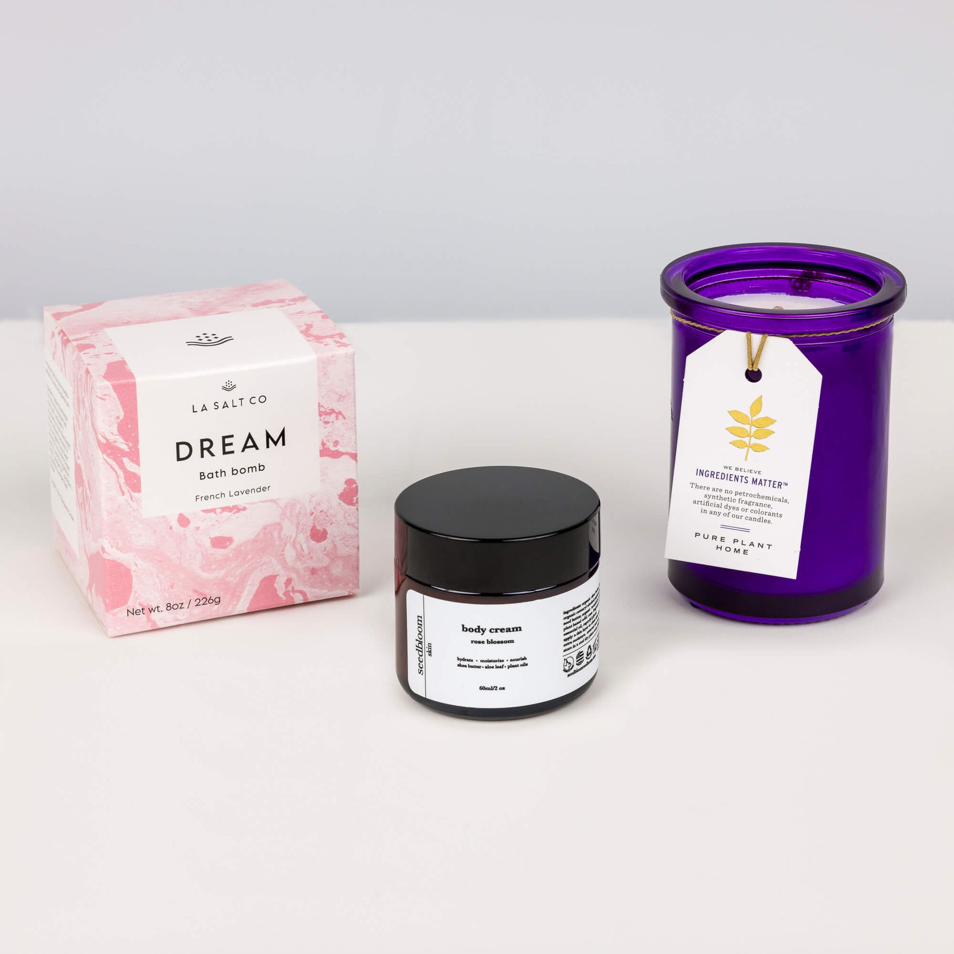 Lavender Dreams Bath Box, a curated collection of a bath bomb, aromatherapy candle, and rosehip moisturizer