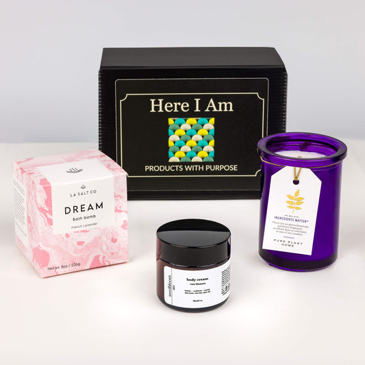 Pastel Dreams Bath Box, a curated collection of a bath bomb, aromatherapy candle, and rosehip moisturizer with the iconic black box