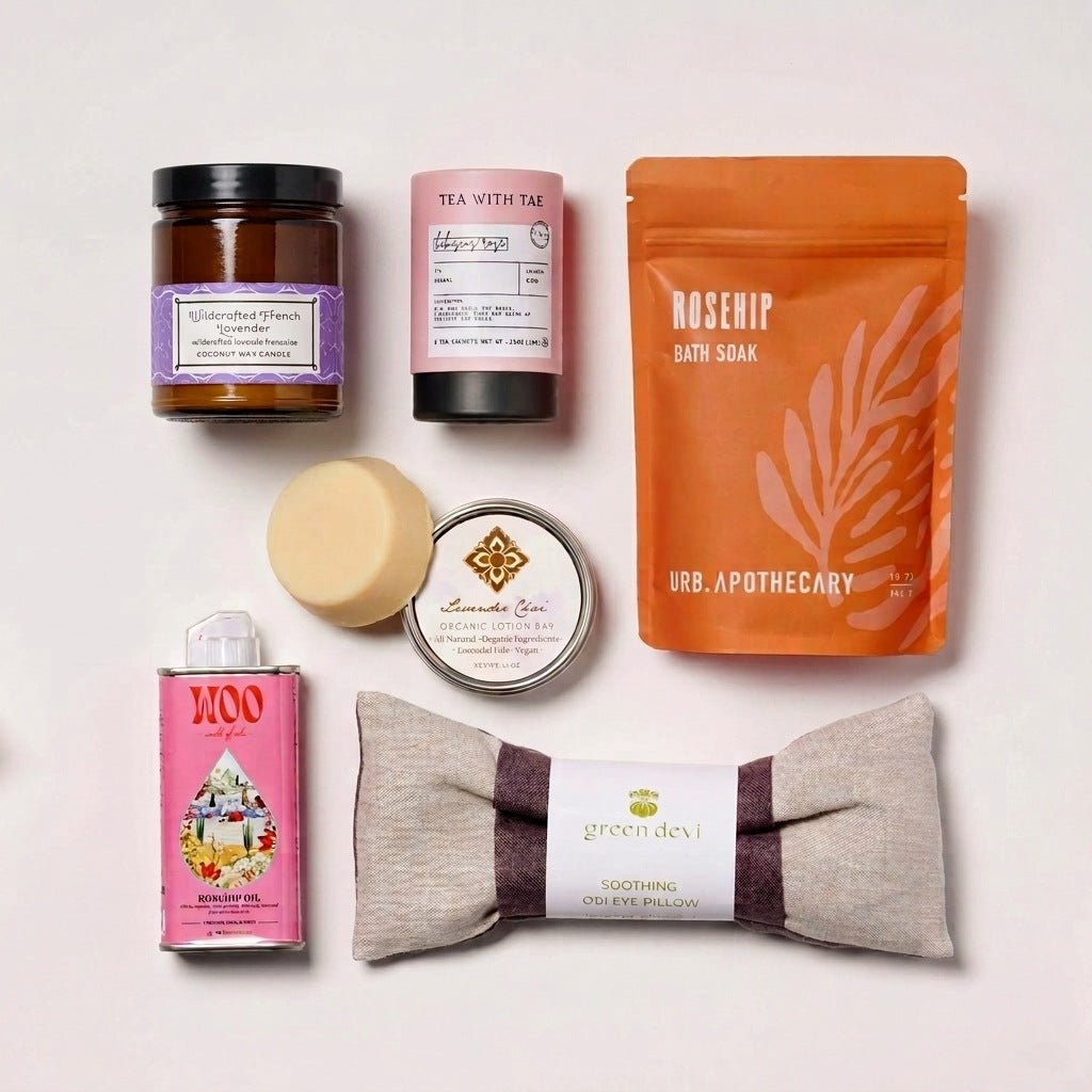 A curated wellness gift set arranged on a white background, featuring a brown glass jar lavender candle, a tube of hibiscus tea, an orange pouch of rosehip bath soak, a round lotion bar, a pink tin of rosehip oil, and a linen eye pillow with a purple band. 