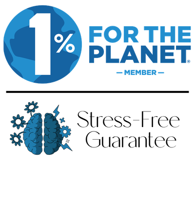 1% for the Planet logo with a brain icon and 'Stress-Free Guarantee' text on a white background