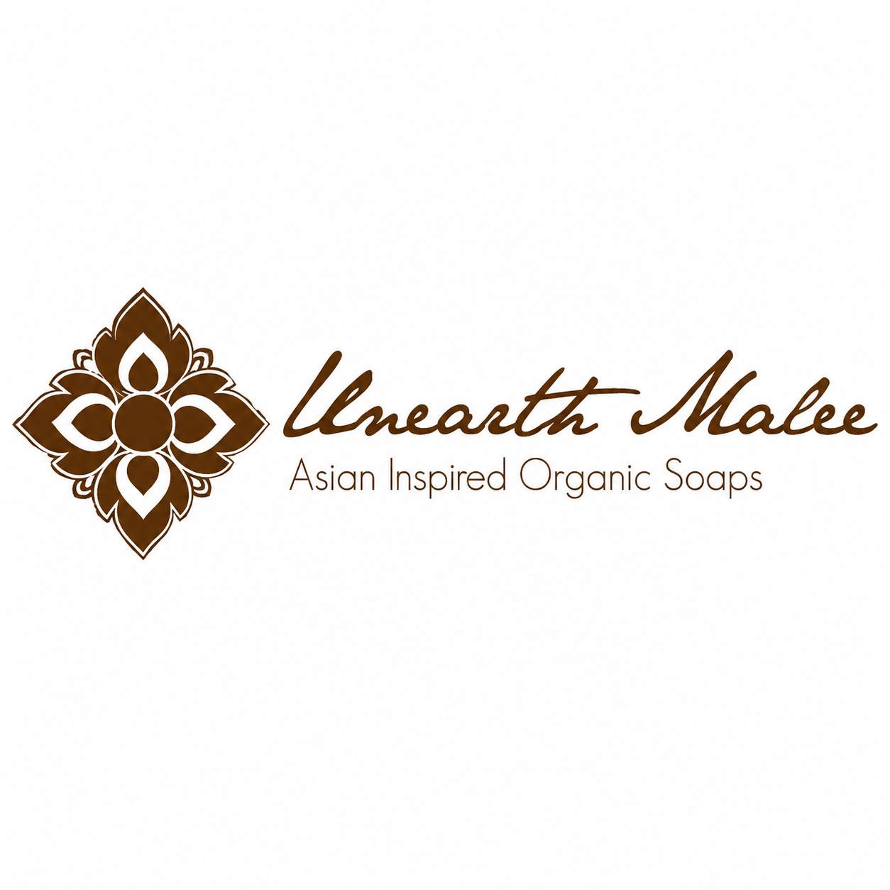 The Unearth Malee logo with a brown flower icon on a white background and the sub heading "Asian Inspired Organic Soaps"