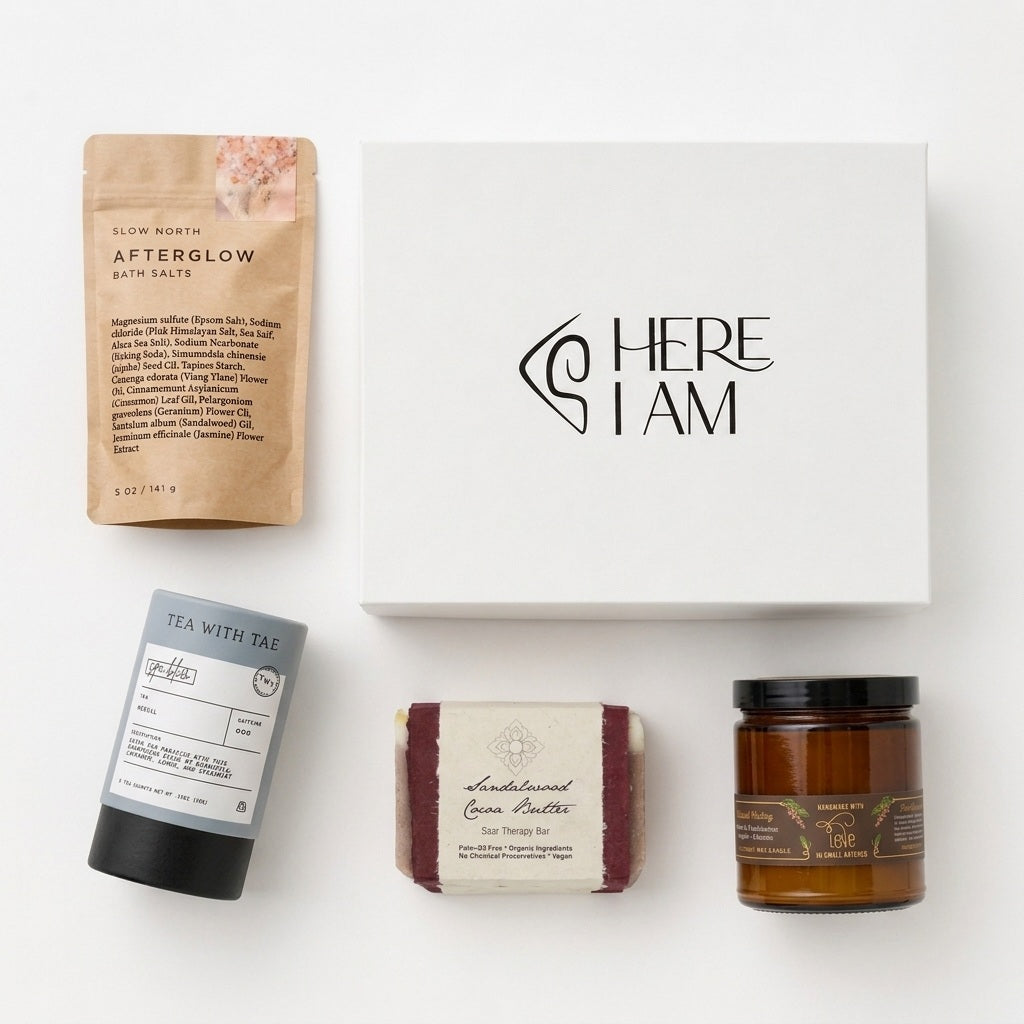 A curated gift set arranged on a white background, featuring a white box with the brand name 'HERE I AM', a kraft paper pouch labeled 'AFTERGLOW BATH SALTS', a gray tube labeled 'TEA WITH TAS', a wrapped handmade soap bar, and an amber glass jar candle.