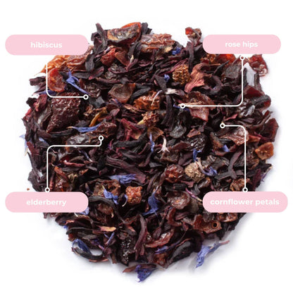 Dried herbs in the Hibiscus Rose Herbal Tea with labels on a white background
