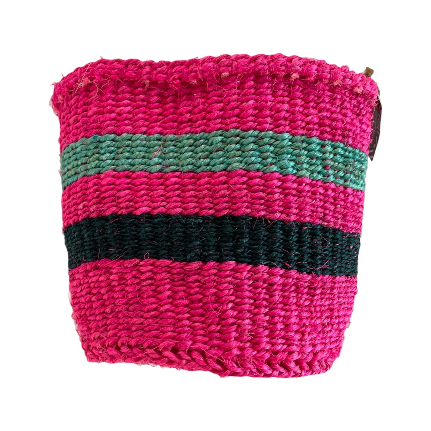 Woven jute basket in pink, teal, and dark blue