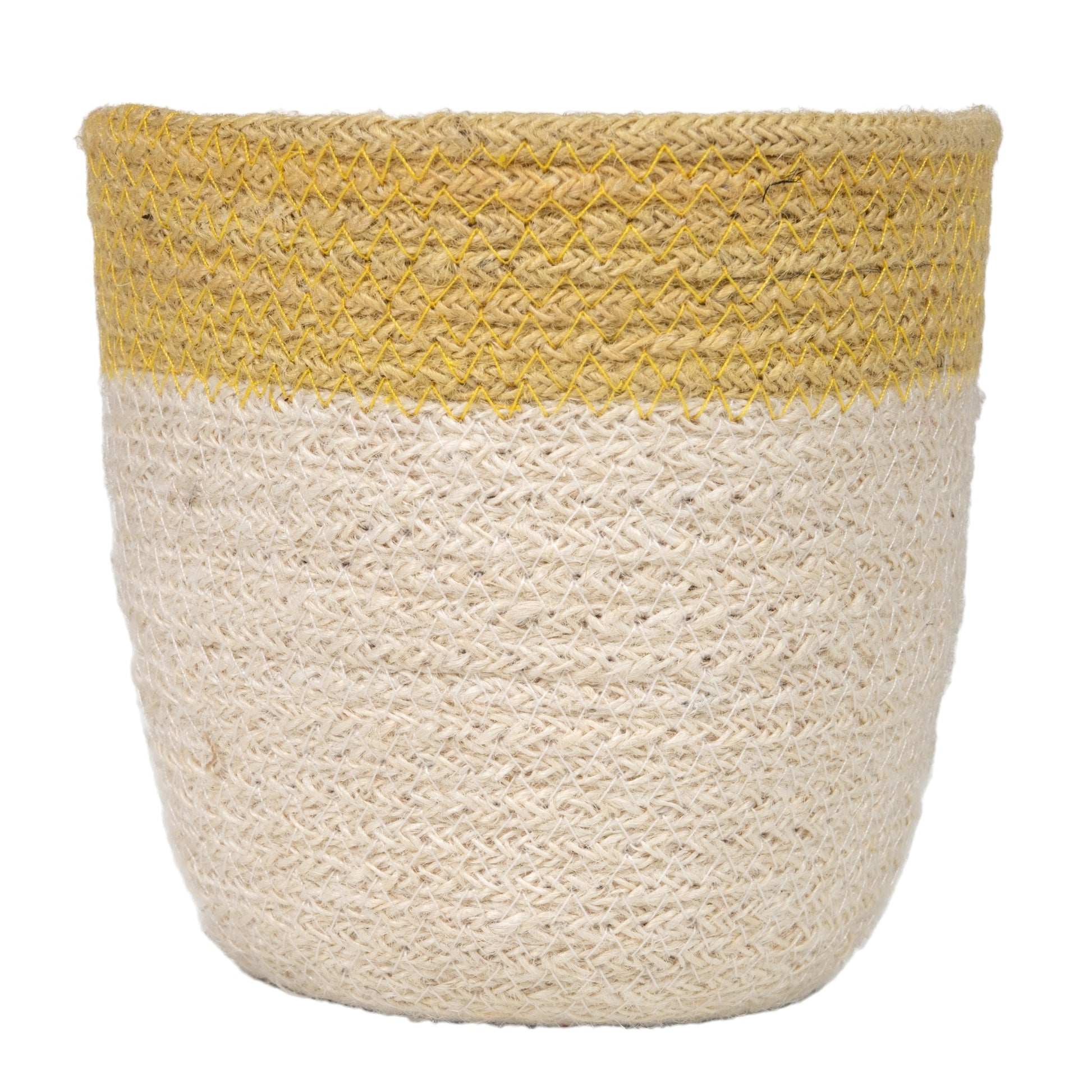 Jute woven basket in white with yellow trim 