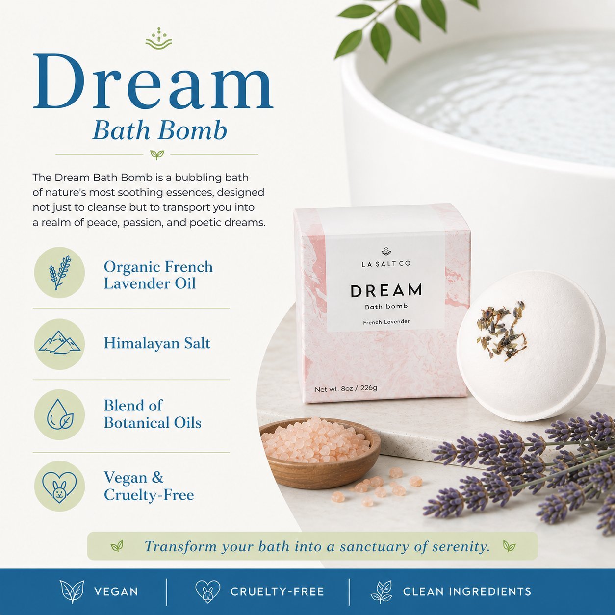 Dream Bath Bomb packaging with lavender and salt on a white background
