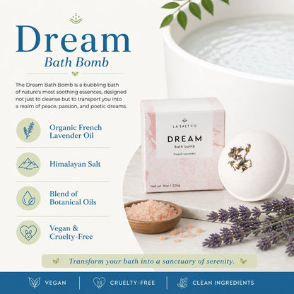 Dream Bath Bomb packaging with lavender and salt on a white background