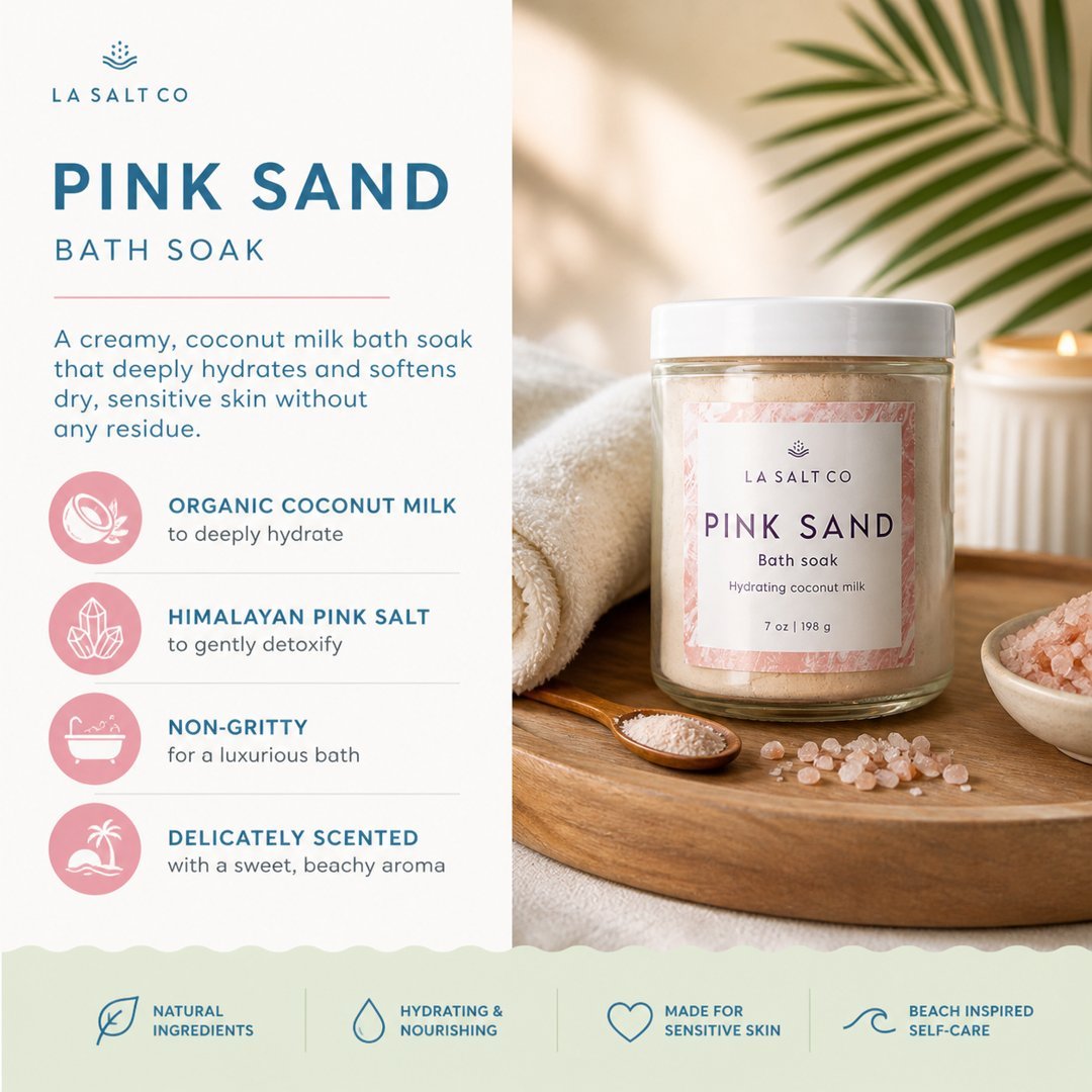 Pink Sand bath soak from LA Salt Co in a setting with product details on white.