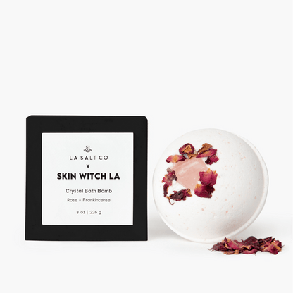 Rose bath bomb with packaging on a white background